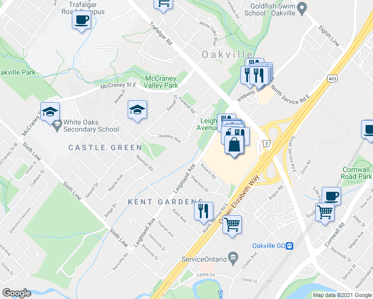 map of restaurants, bars, coffee shops, grocery stores, and more near 1130 Queens Avenue in Oakville