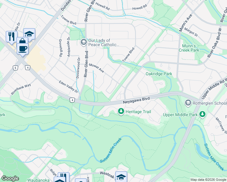 map of restaurants, bars, coffee shops, grocery stores, and more near 2272 Mowat Avenue in Oakville