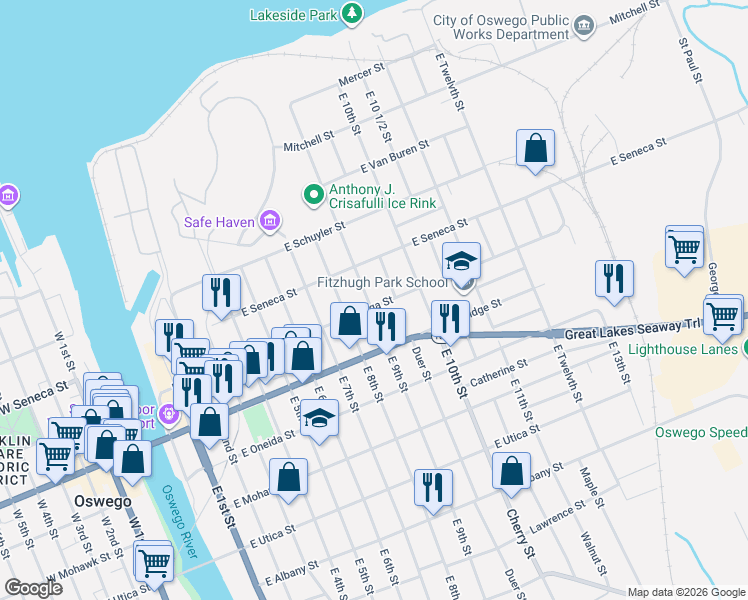 map of restaurants, bars, coffee shops, grocery stores, and more near 152 East 9th Street in Oswego