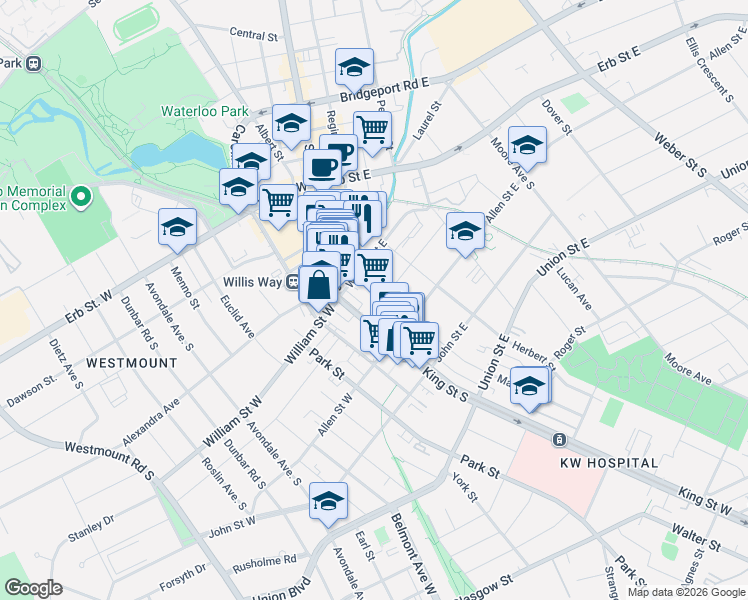 map of restaurants, bars, coffee shops, grocery stores, and more near 172 Waterloo Regional Road 15 in Waterloo