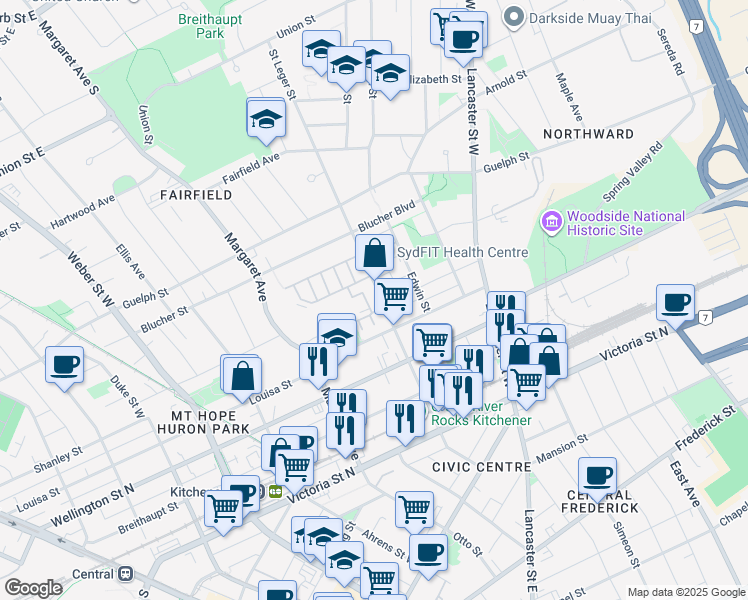 map of restaurants, bars, coffee shops, grocery stores, and more near 125 Saint Leger Street in Kitchener