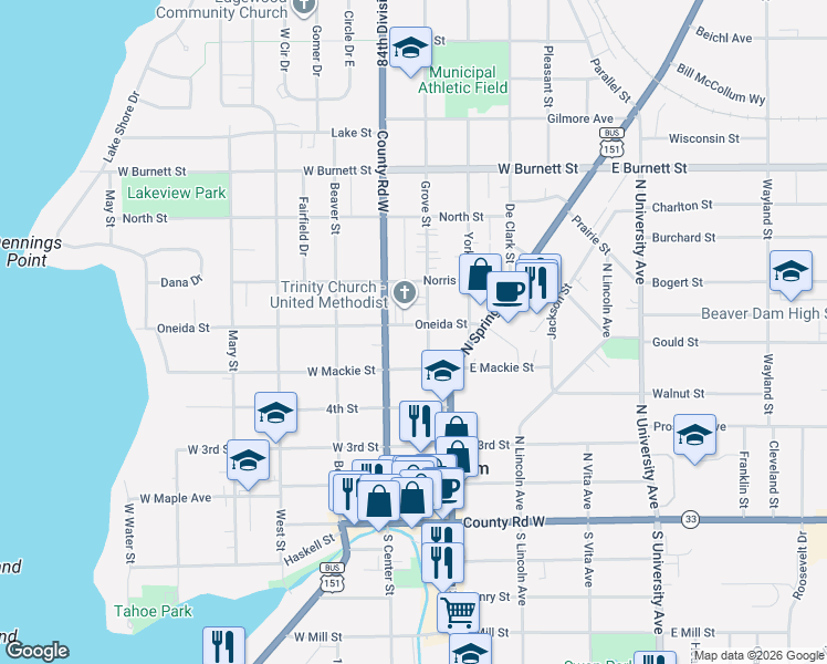 map of restaurants, bars, coffee shops, grocery stores, and more near 216 West Mackie Street in Beaver Dam