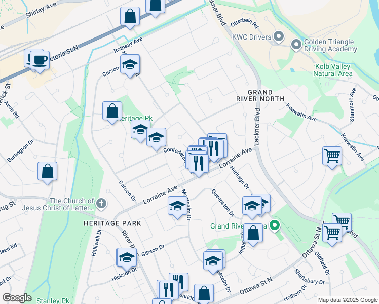 map of restaurants, bars, coffee shops, grocery stores, and more near 124 Tupper Crescent in Kitchener