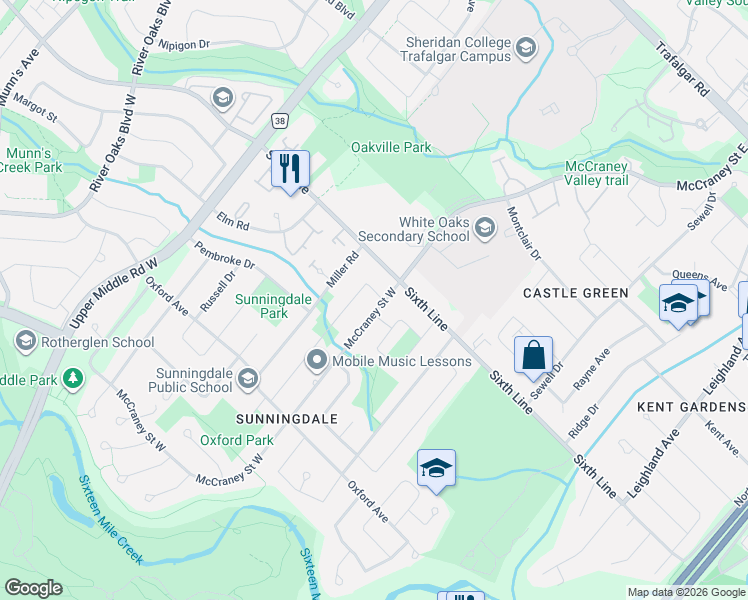 map of restaurants, bars, coffee shops, grocery stores, and more near 16 Onslow Court in Oakville