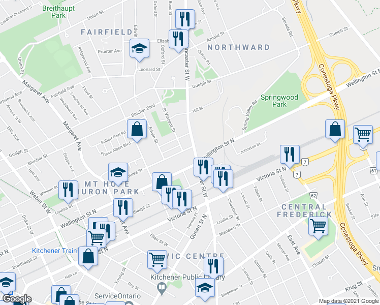 map of restaurants, bars, coffee shops, grocery stores, and more near 87 Lancaster Street West in Kitchener