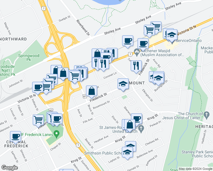 map of restaurants, bars, coffee shops, grocery stores, and more near 674 Waterloo Regional Road 6 in Kitchener