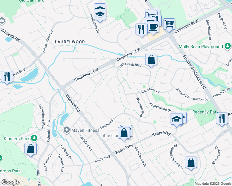 map of restaurants, bars, coffee shops, grocery stores, and more near 320 Bushwood Court in Waterloo