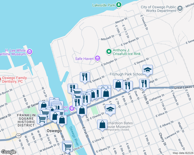 map of restaurants, bars, coffee shops, grocery stores, and more near 31 East 5th Street in Oswego