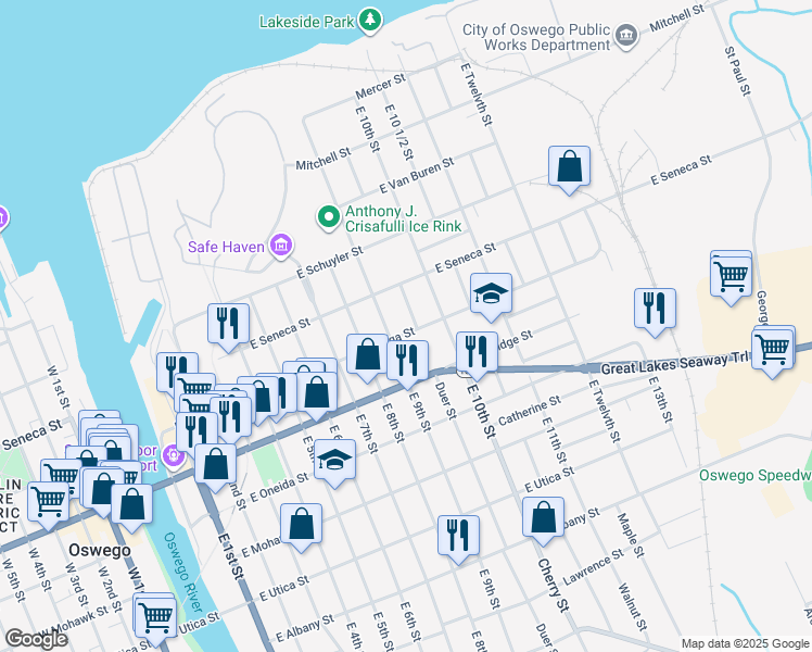 map of restaurants, bars, coffee shops, grocery stores, and more near 152 East 9th Street in Oswego