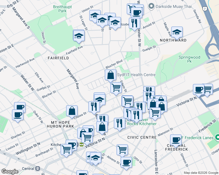 map of restaurants, bars, coffee shops, grocery stores, and more near 181 Saint Leger Street in Kitchener