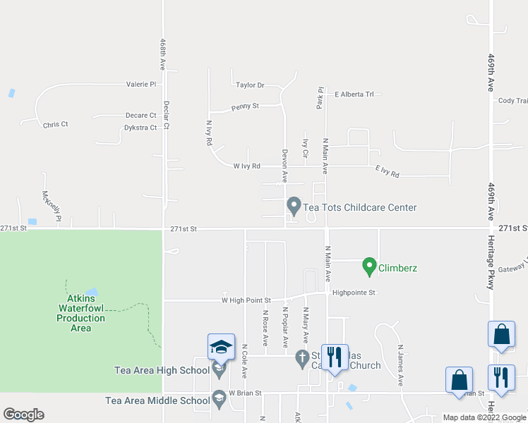 map of restaurants, bars, coffee shops, grocery stores, and more near 330 Arianna Place in Tea