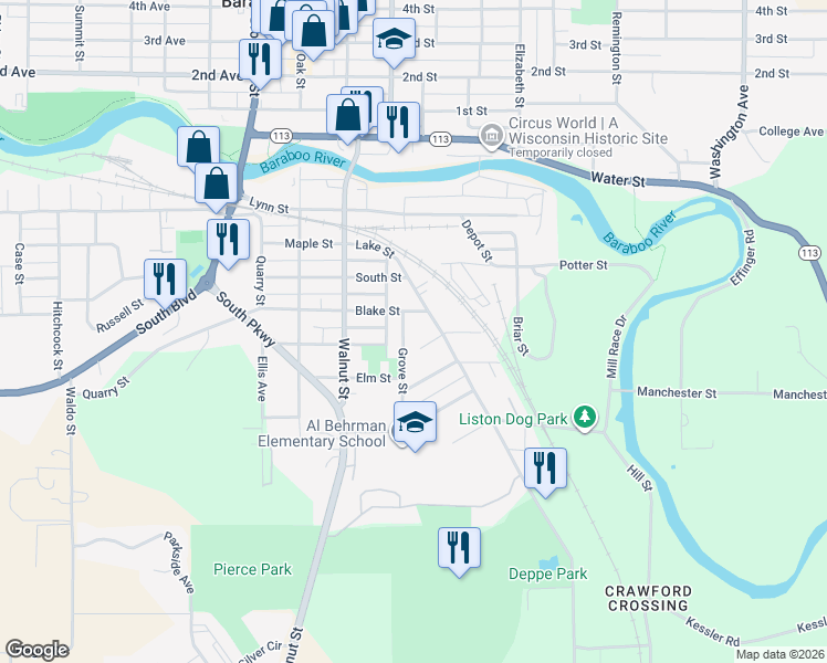 map of restaurants, bars, coffee shops, grocery stores, and more near 429 Lake Street in Baraboo