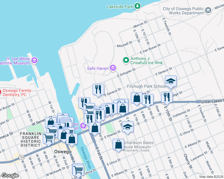 map of restaurants, bars, coffee shops, grocery stores, and more near 8 East 6th Street in Oswego