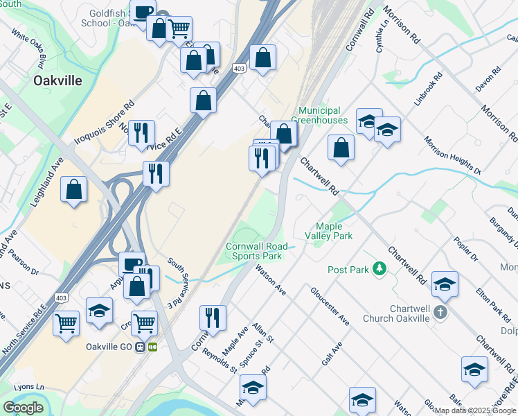 map of restaurants, bars, coffee shops, grocery stores, and more near 469 Cornwall Road in Oakville