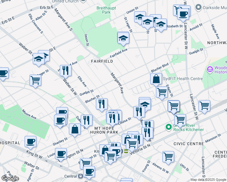 map of restaurants, bars, coffee shops, grocery stores, and more near 133 Blucher Street in Kitchener