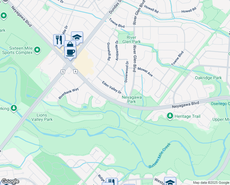 map of restaurants, bars, coffee shops, grocery stores, and more near 2370 Eden Valley Drive in Oakville
