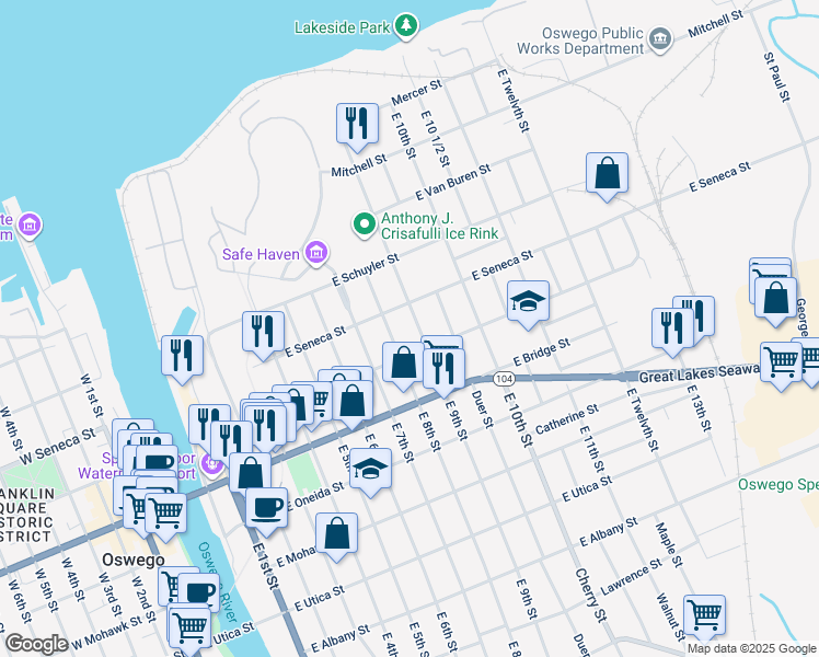 map of restaurants, bars, coffee shops, grocery stores, and more near 112 East Seneca Street in Oswego