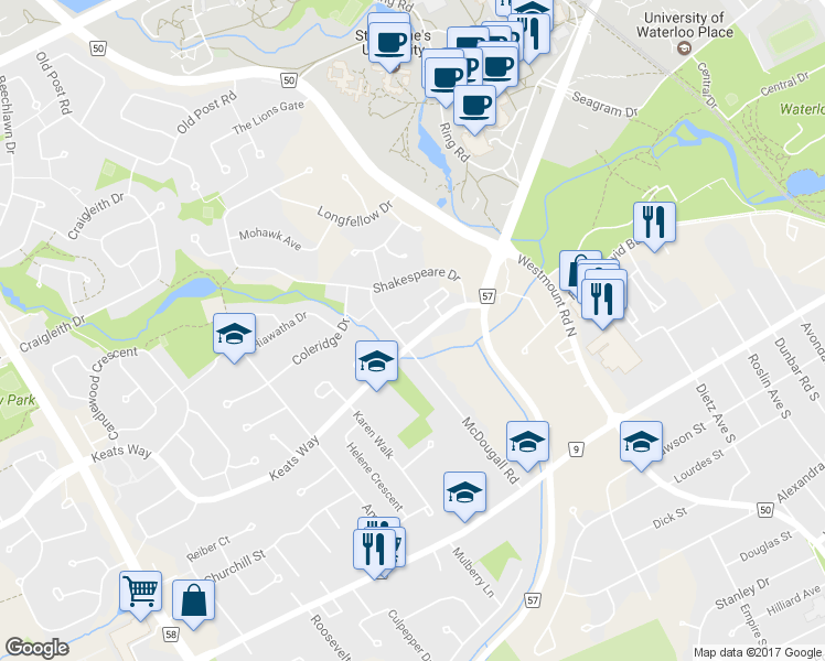 map of restaurants, bars, coffee shops, grocery stores, and more near 92 McDougall Road in Waterloo