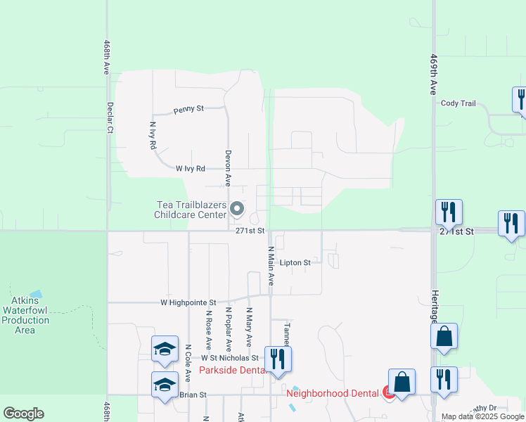 map of restaurants, bars, coffee shops, grocery stores, and more near 101-107 Travin Place in Tea