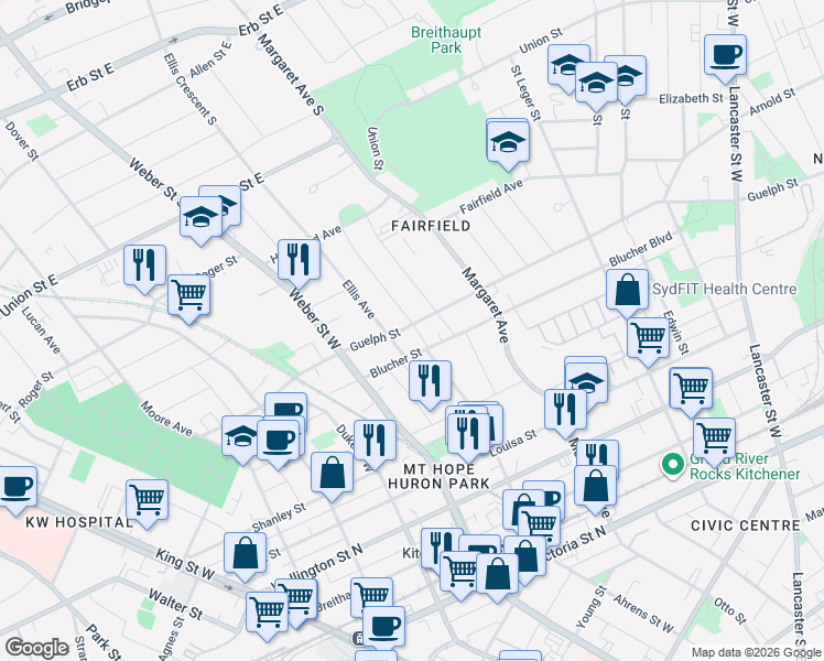 map of restaurants, bars, coffee shops, grocery stores, and more near 377 Guelph Street in Kitchener