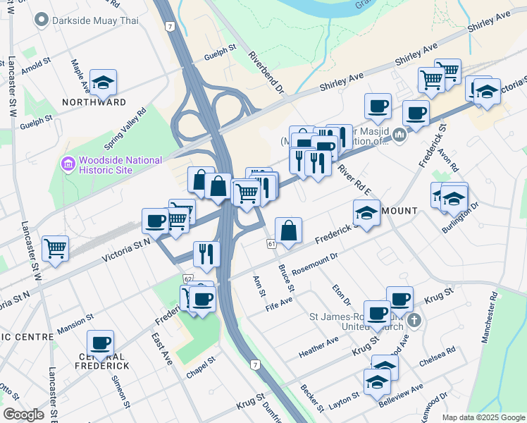 map of restaurants, bars, coffee shops, grocery stores, and more near 809 Victoria Street North in Kitchener