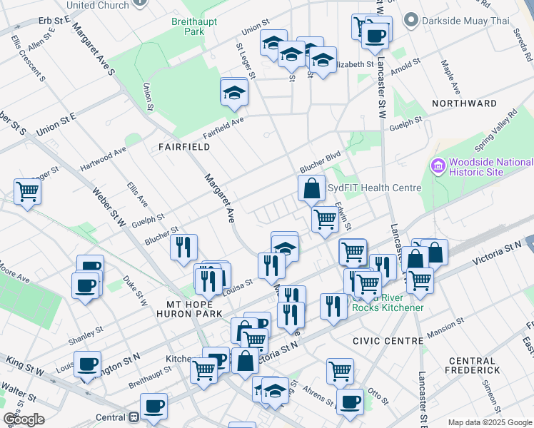 map of restaurants, bars, coffee shops, grocery stores, and more near Oxfordshire Lane in Kitchener