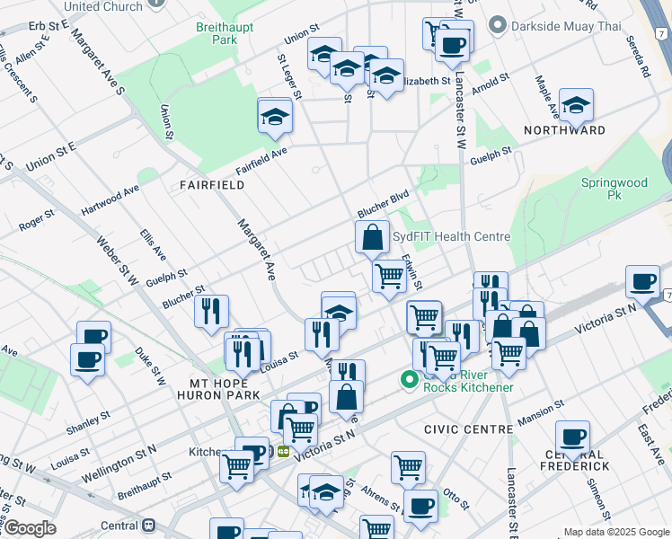 map of restaurants, bars, coffee shops, grocery stores, and more near 38 Prince Albert Boulevard in Kitchener