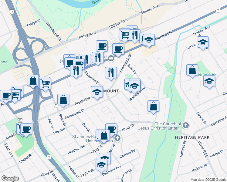 map of restaurants, bars, coffee shops, grocery stores, and more near 769 Frederick Street in Kitchener