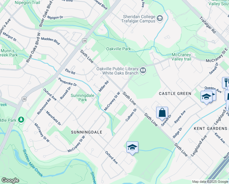 map of restaurants, bars, coffee shops, grocery stores, and more near in Oakville