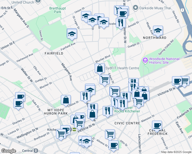 map of restaurants, bars, coffee shops, grocery stores, and more near 181 Saint Leger Street in Kitchener