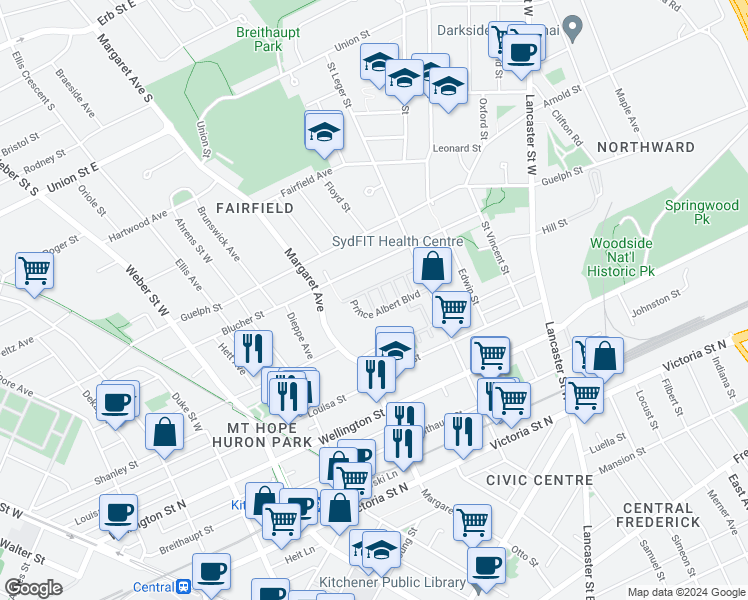 map of restaurants, bars, coffee shops, grocery stores, and more near 64 Robert Peel Road in Kitchener