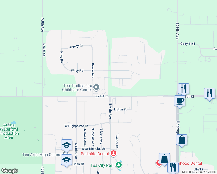 map of restaurants, bars, coffee shops, grocery stores, and more near 101-107 Travin Place in Tea