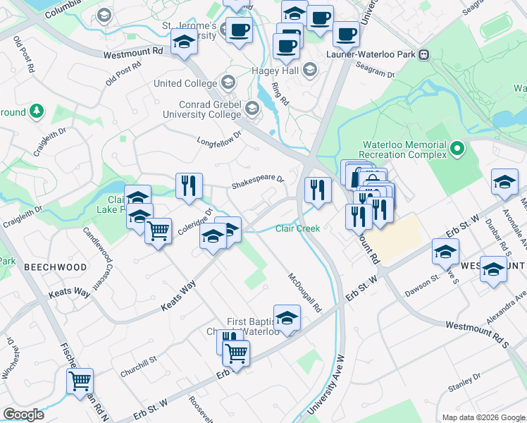 map of restaurants, bars, coffee shops, grocery stores, and more near 250 Keats Way in Waterloo