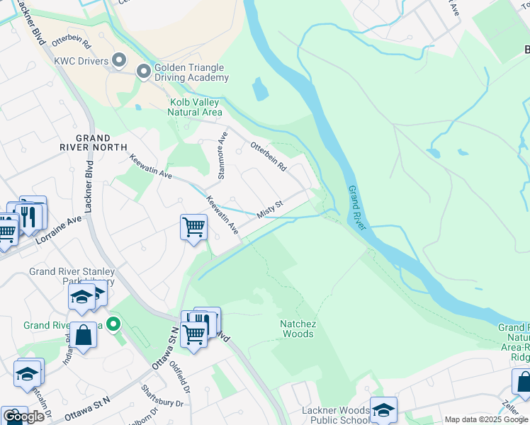 map of restaurants, bars, coffee shops, grocery stores, and more near 37 Misty St in Kitchener