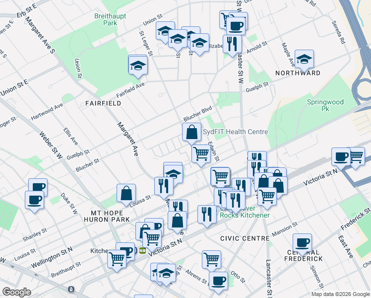 map of restaurants, bars, coffee shops, grocery stores, and more near 181 Saint Leger Street in Kitchener