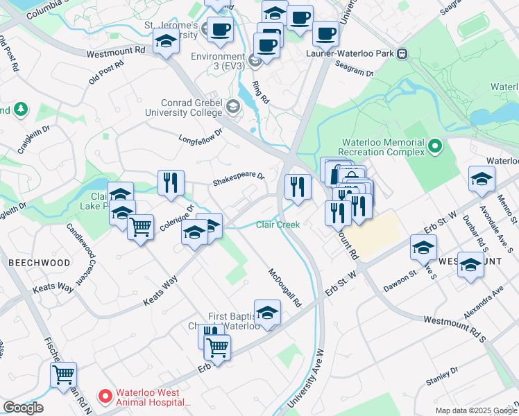 map of restaurants, bars, coffee shops, grocery stores, and more near 255 Keats Way in Waterloo