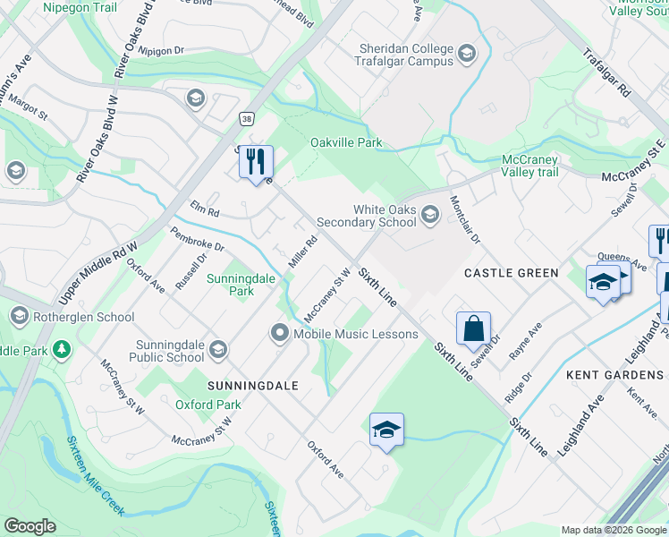 map of restaurants, bars, coffee shops, grocery stores, and more near 5 Onslow Court in Oakville