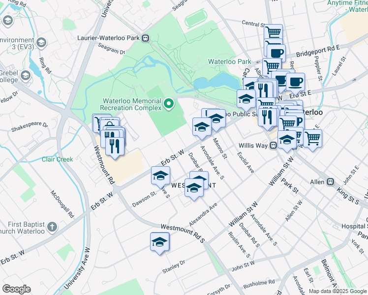 map of restaurants, bars, coffee shops, grocery stores, and more near 142 Erb Street West in Waterloo