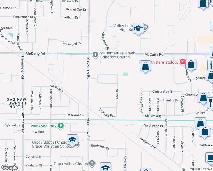 map of restaurants, bars, coffee shops, grocery stores, and more near 3856 South Hartford Drive in Saginaw
