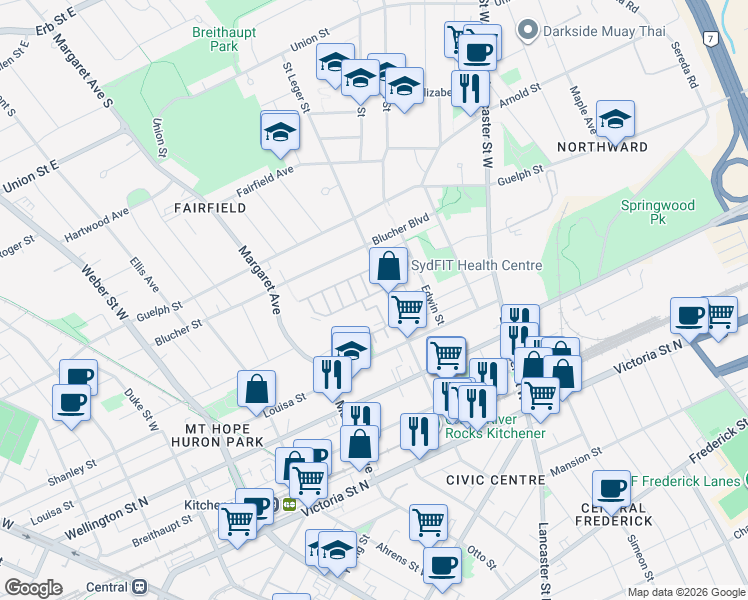 map of restaurants, bars, coffee shops, grocery stores, and more near 15 Prince Albert Boulevard in Kitchener
