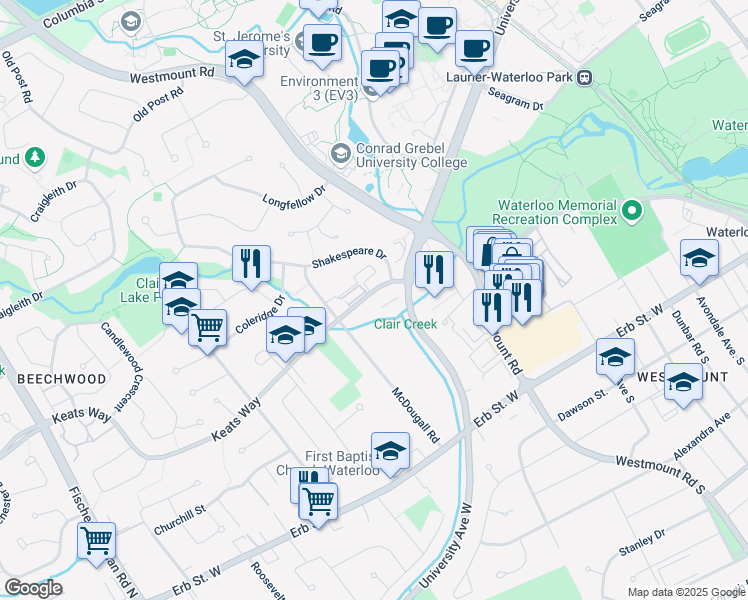 map of restaurants, bars, coffee shops, grocery stores, and more near 255 Keats Way in Waterloo