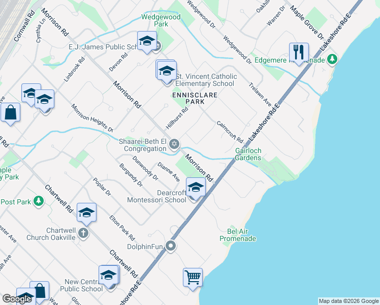 map of restaurants, bars, coffee shops, grocery stores, and more near 169 Morrison Road in Oakville