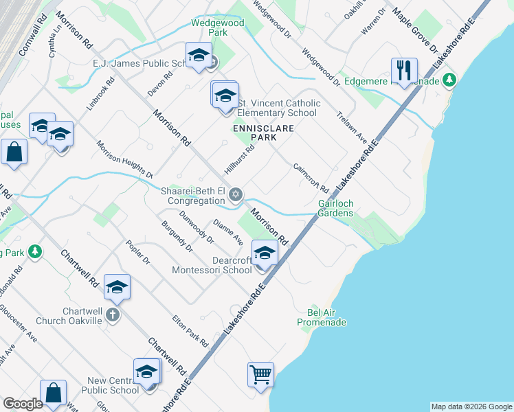 map of restaurants, bars, coffee shops, grocery stores, and more near 169 Morrison Road in Oakville