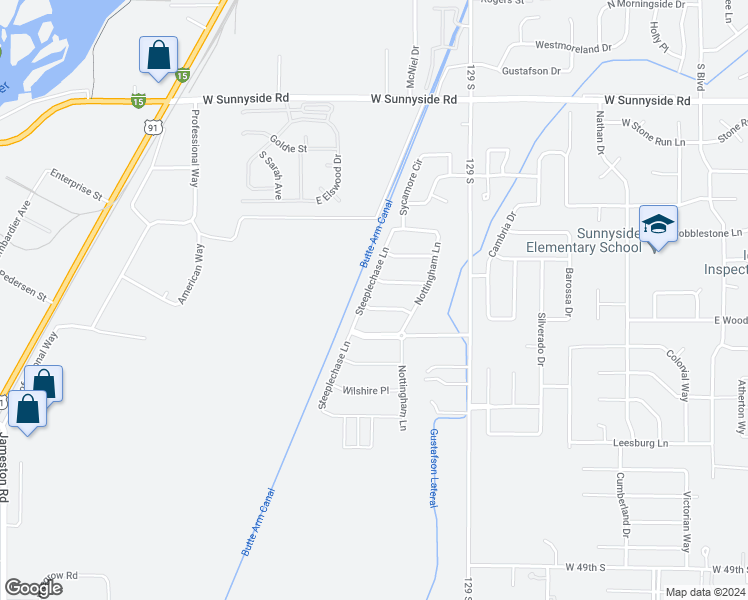 map of restaurants, bars, coffee shops, grocery stores, and more near 3977 Steeplechase Lane in Idaho Falls