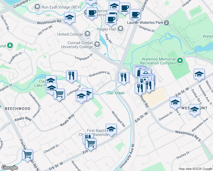 map of restaurants, bars, coffee shops, grocery stores, and more near 250 Keats Way in Waterloo