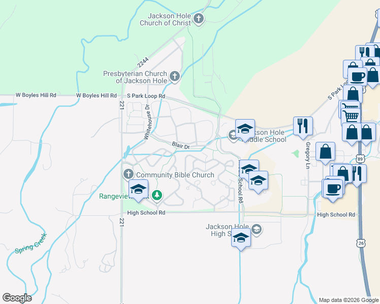 map of restaurants, bars, coffee shops, grocery stores, and more near Blair Drive in Jackson