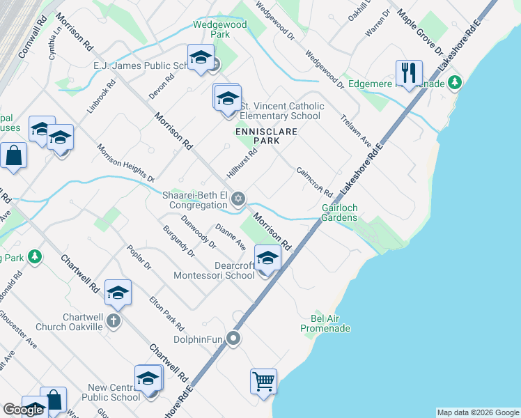 map of restaurants, bars, coffee shops, grocery stores, and more near in Oakville