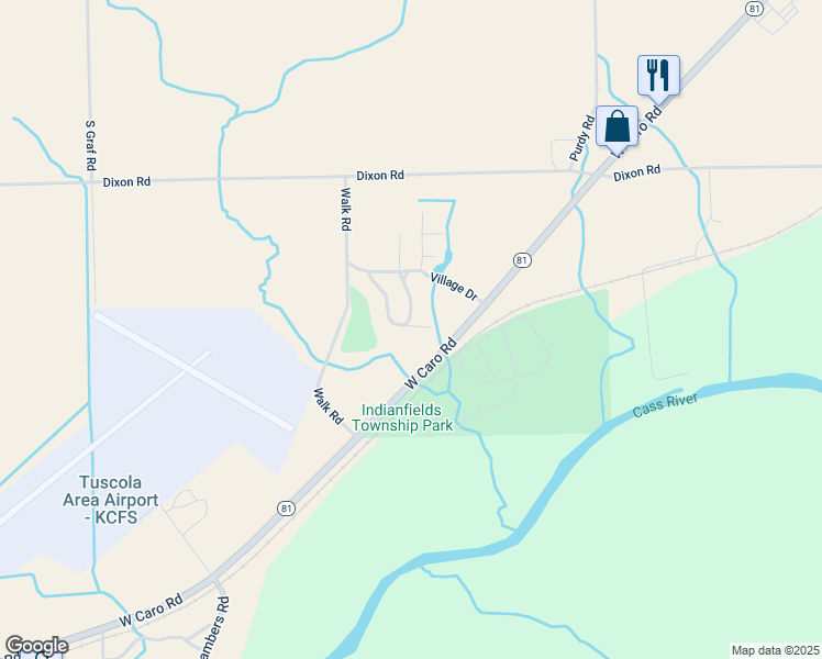 map of restaurants, bars, coffee shops, grocery stores, and more near 2115 East Evergreen Drive in Caro