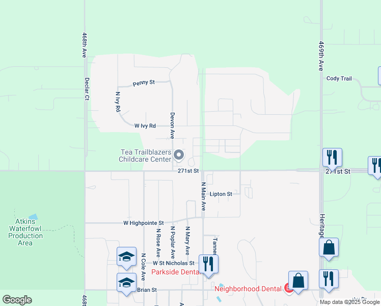 map of restaurants, bars, coffee shops, grocery stores, and more near 101-107 Travin Place in Tea