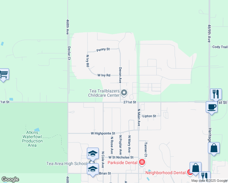 map of restaurants, bars, coffee shops, grocery stores, and more near 310 Jerry Place in Tea